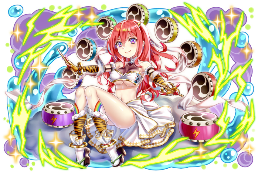 1girl, animal_print, bare_shoulders, breasts, drumsticks, electricity, fantasy, hakuda_tofu, instrument, invisible_chair, midriff, monster_girl, navel, oni, oni_horns, original, rainbow_legwear, redhead, sandals, sitting, smile, solo, tabi, taiko_drum, tiger_print, under_boob, violet_eyes, white_legwear