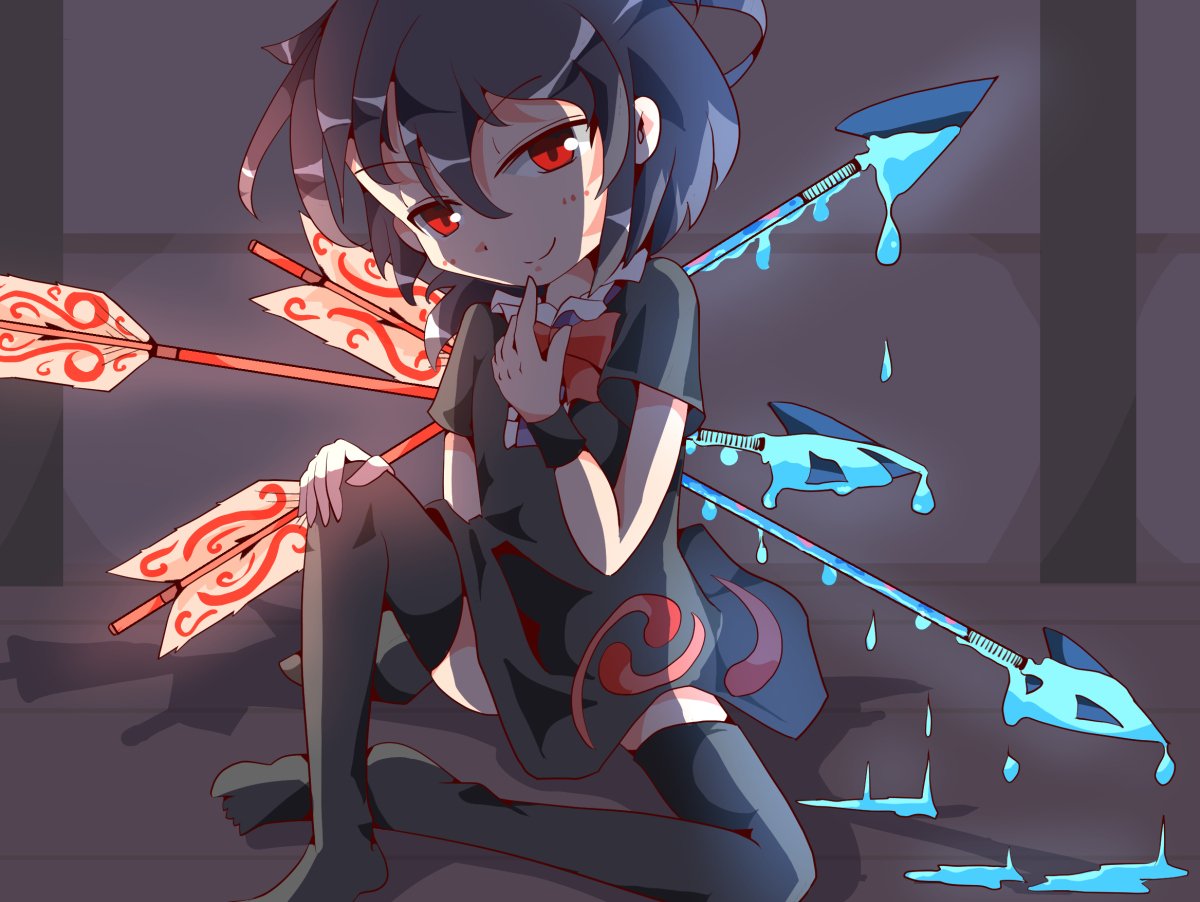 1girl, arrow, bent_knees, black_dress, black_hair, bow, closed_mouth, commentary_request