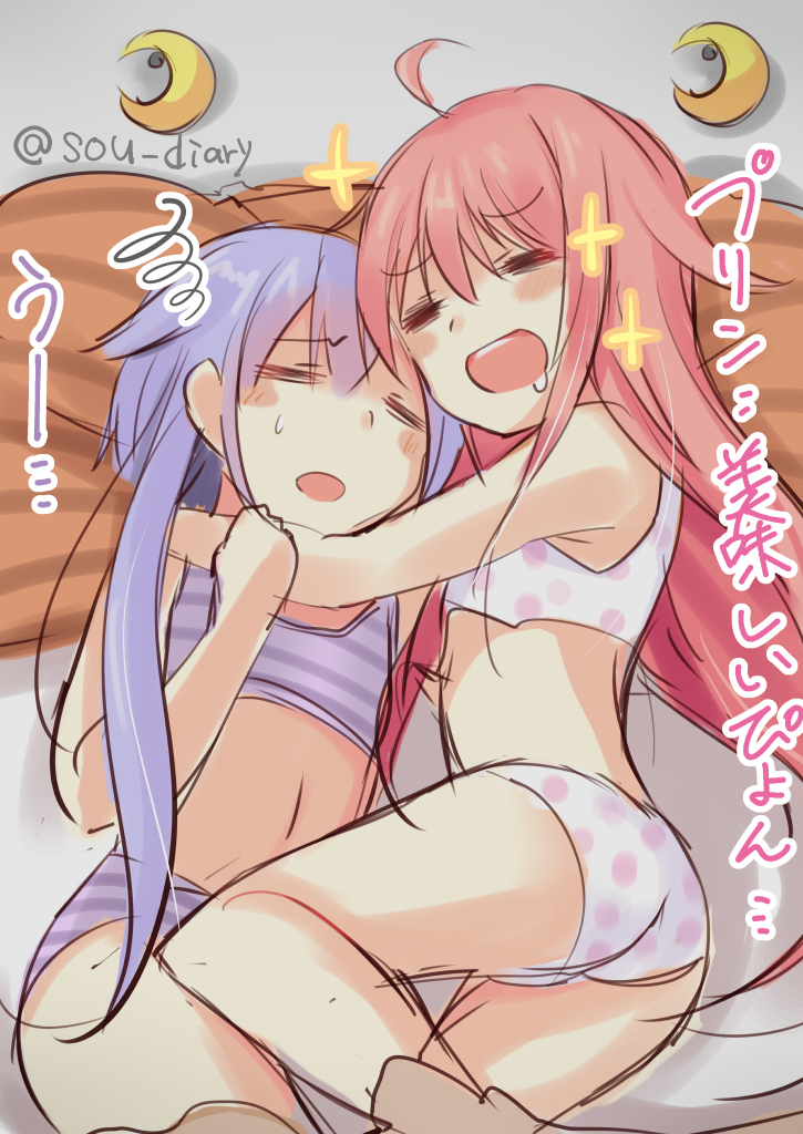 2girls, =_=, ass, closed_eyes, crescent, crescent_hair_ornament, drooling, hair_ornament