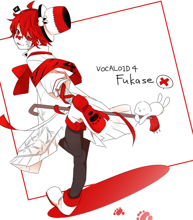 1boy, asymmetrical_clothes, bandaid, bandaid_on_nose, boots, cane, character_name, copyright_name, fukase, gloves, hat, head_flag, headset, leg_up, male_focus, mizuhoshi_taichi, pale_skin, pantyhose, paw_print, point_(vocaloid), red_eyes, redhead, shorts, top_hat
