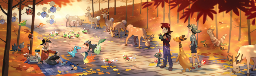 1girl, 2boys, absurdres, alexandra_nyerges, ampharos, autumn, autumn_leaves, backpack