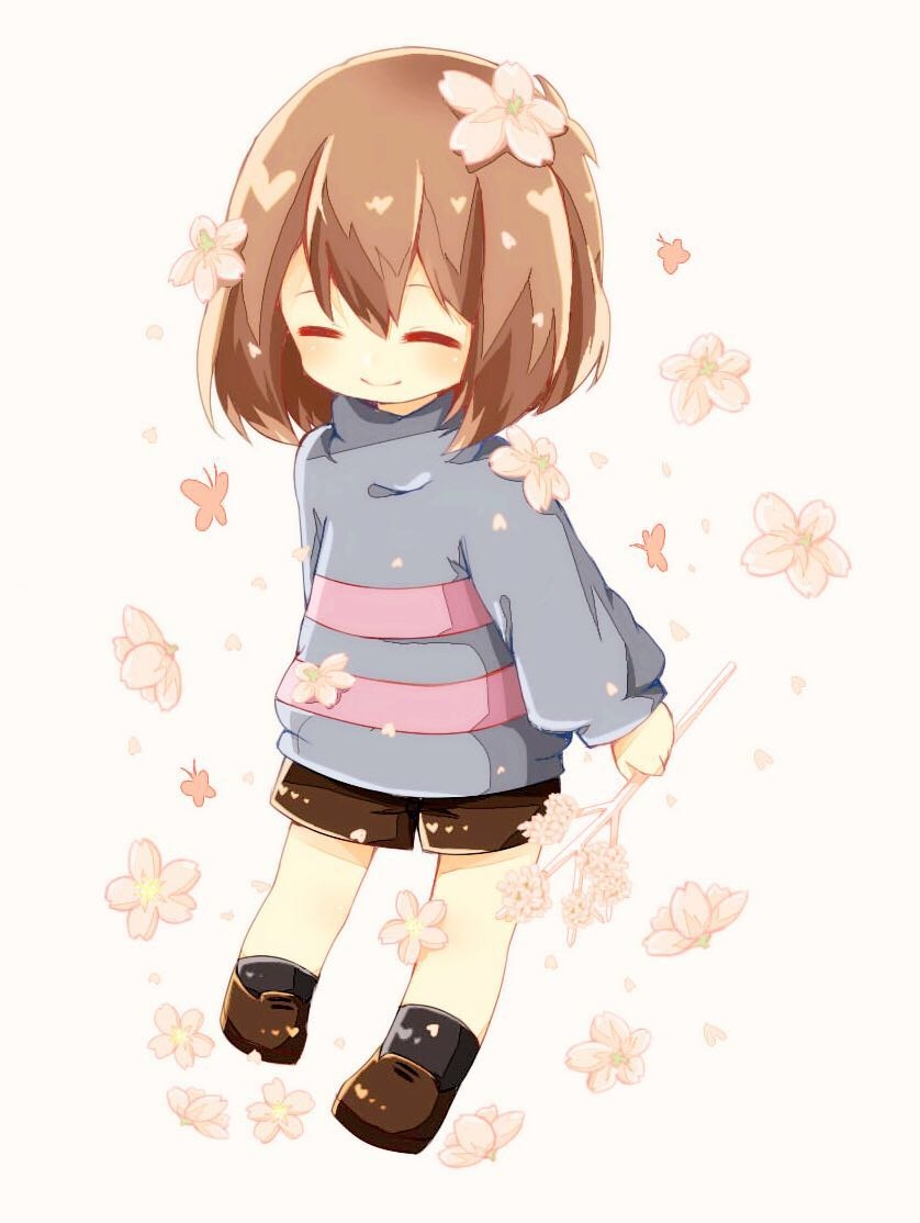 ^_^, androgynous, black_socks, blush, branch, brown_hair, brown_shoes, butterfly, cherry_blossoms, chibi, child, closed_eyes, flower, flowers_in_hair, frisk_(undertale), hikaru_(pixiv4944984), loafers, sakura, short_hair, shorts, simple_background, smile, socks, solo, sweater, undertale