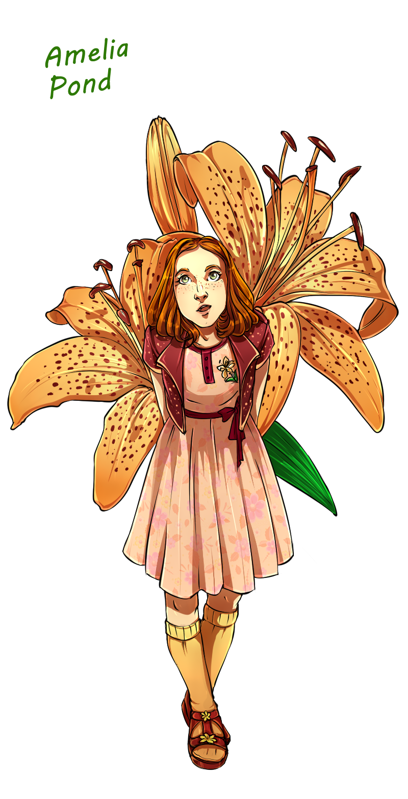 amy_pond, cardigan, commission, doctor_who, dress, flower, green_eyes, highres