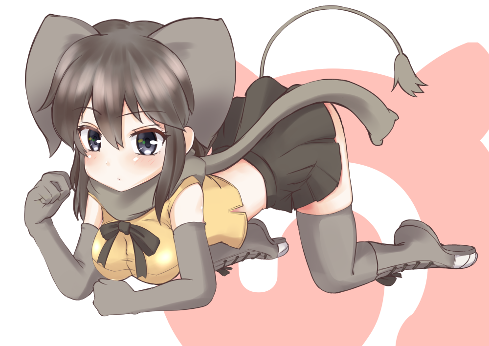 1girl, african_forest_elephant_(kemono_friends), black_hair, blue_eyes, blush, boots, bow, bowtie, elephant_ears, elephant_tail, gloves, japari_symbol, kemono_friends, kusunoki_aoi_(black-alice), miniskirt, pleated_skirt, scarf, simple_background, skirt, thigh-highs, white_background