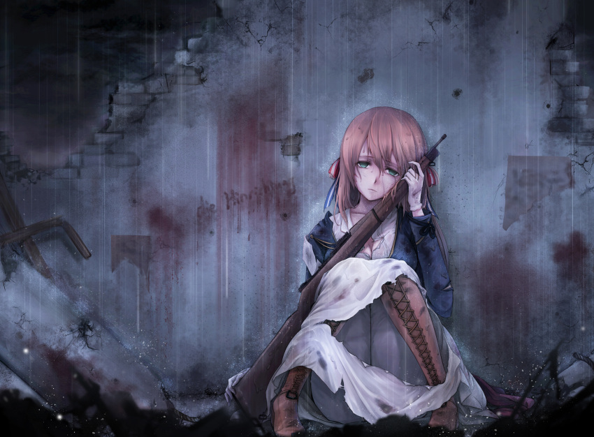 1girl, absurdres, american_flag, bags_under_eyes, bangs, blazer, blood, blood_on_wall