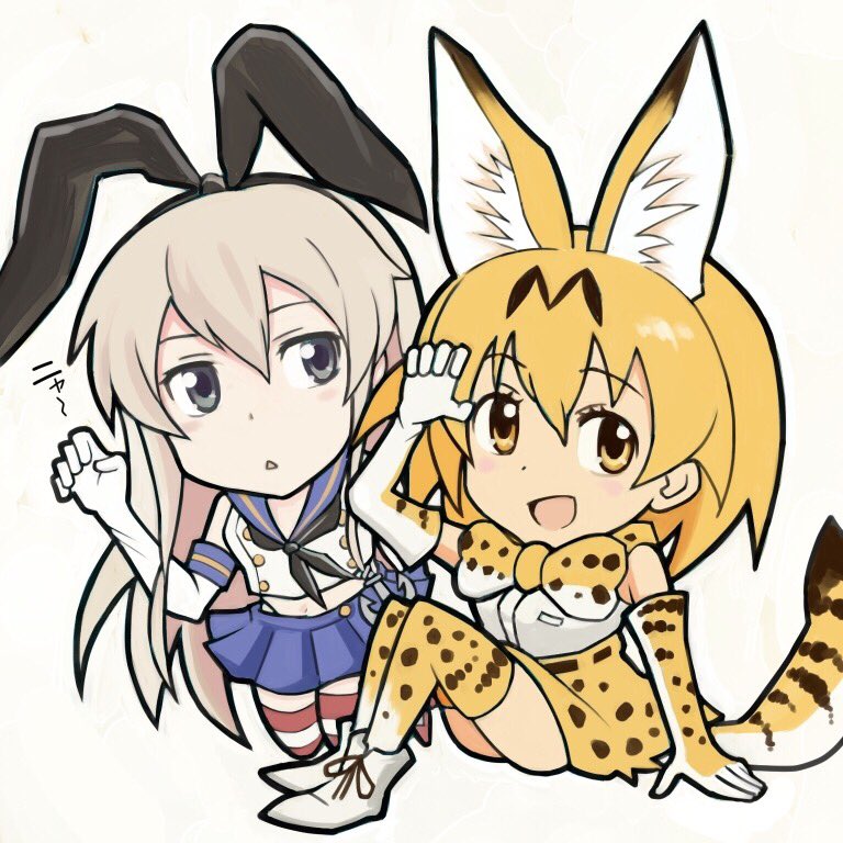 2girls, anchor_hair_ornament, animal_ears, black_neckwear, blonde_hair, blue_skirt, bow, bowtie