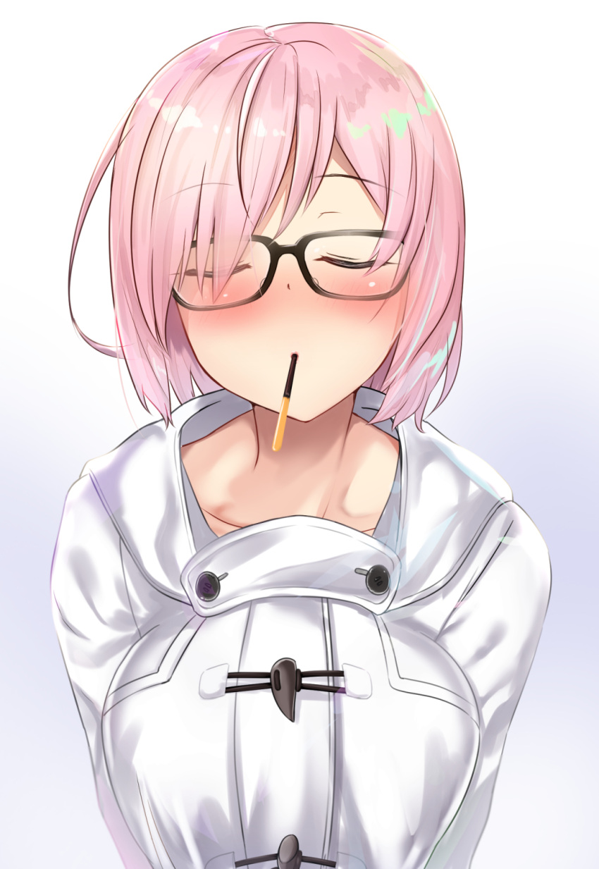 1girl, black-framed_eyewear, blush, breasts, closed_eyes, coat, collarbone, eyebrows_visible_through_hair