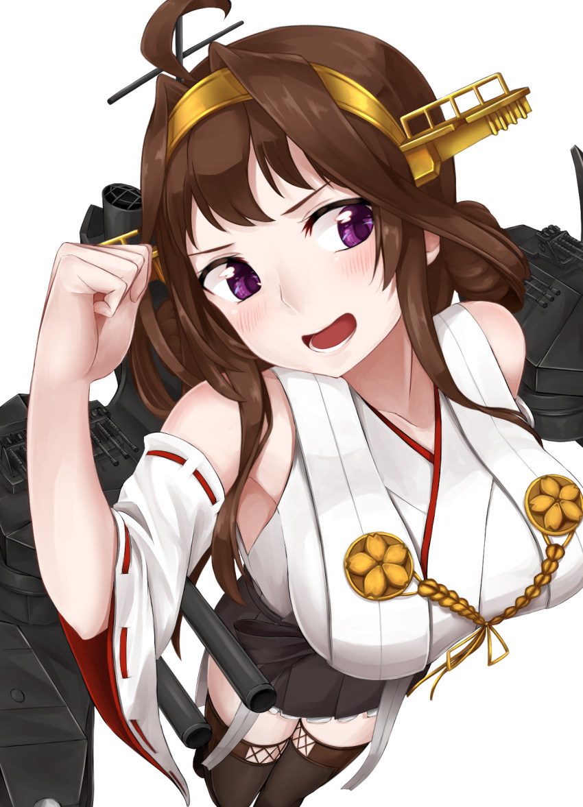1girl, aa_gun, ahoge, armpits, black_skirt, blush, boots, breasts