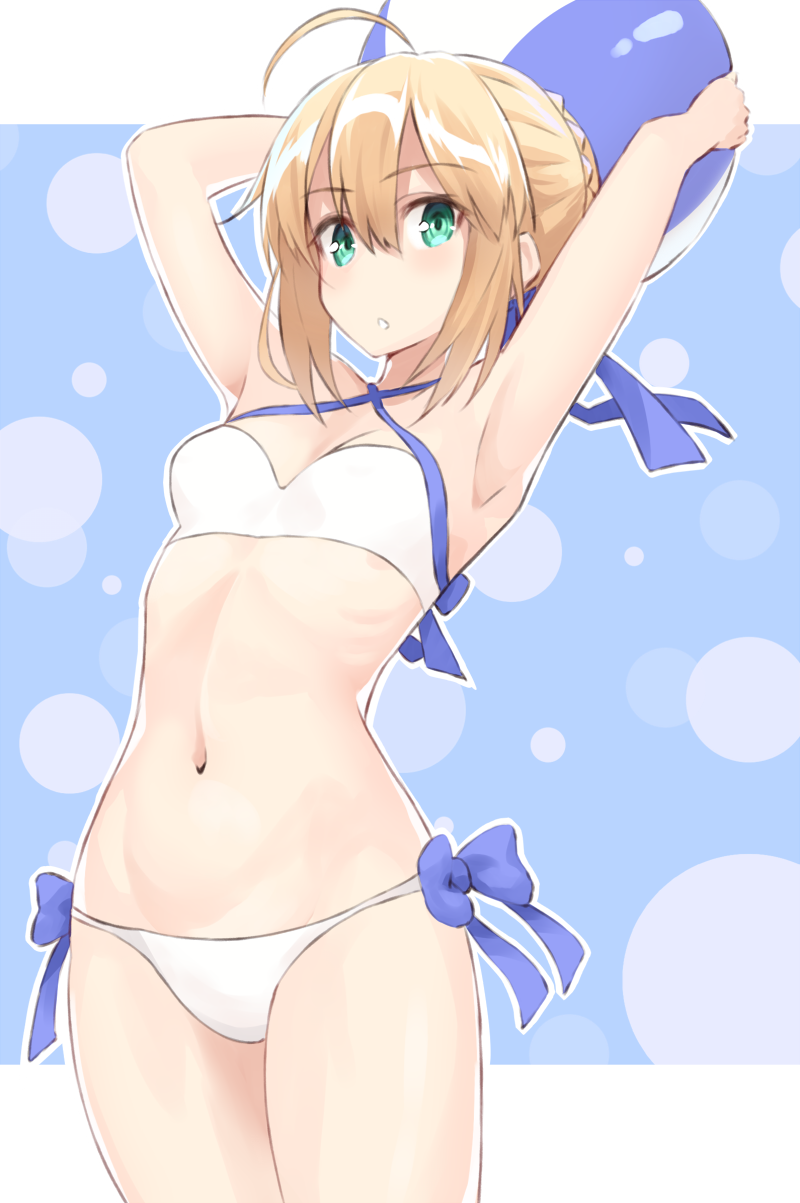 1girl, ahoge, aqua_eyes, armpits, arms_behind_head, arms_up, artoria_pendragon_(all), artoria_pendragon_(swimsuit_archer)