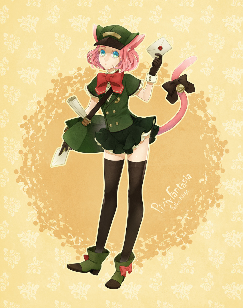 1boy, animal_ears, bell, black_bow, black_gloves, black_legwear, black_skirt, blue_eyes, bow, cat_ears, cat_tail, copyright_name, full_body, gloves, green_footwear, green_hat, hand_up, hat, highres, jingle_bell, lll7elll, mail, mailbag, male_focus, orange_background, pink_hair, pixiv_fantasia, pixiv_fantasia_fallen_kings, red_bow, scroll, shoes, short_hair, skirt, solo, standing, tail, thigh-highs, trap, vest
