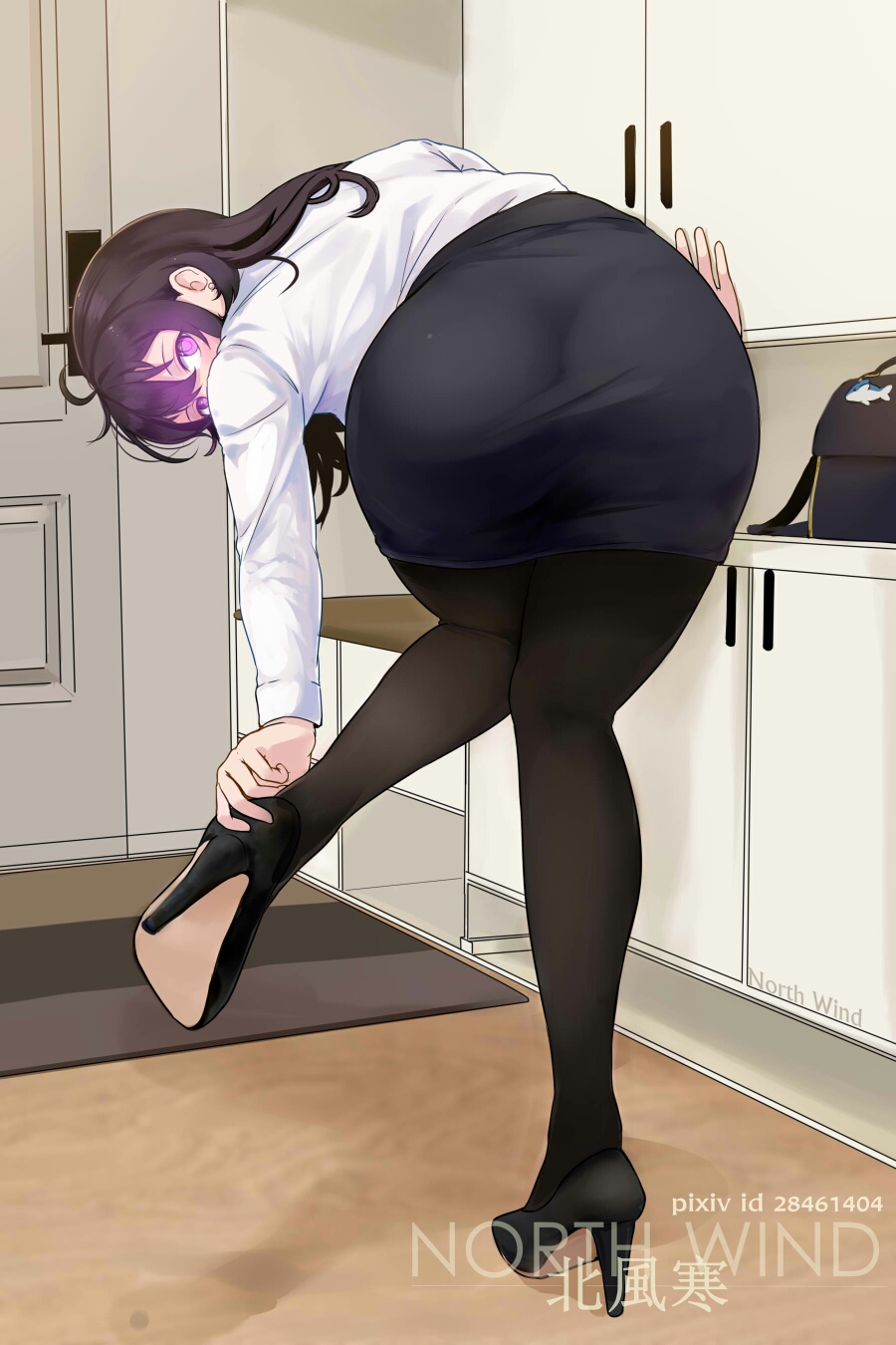 1girl, ahoge, artist_name, ass, bag, beifeng_han, black_footwear, black_hair, black_legwear, black_skirt, breasts, from_behind, full_body, hair_between_eyes, high_heels, highres, indoors, large_breasts, long_hair, looking_at_viewer, miyaura_sanshio, office_lady, original, pantyhose, pencil_skirt, pixiv_id, removing_shoes, skirt, solo, uniform, violet_eyes