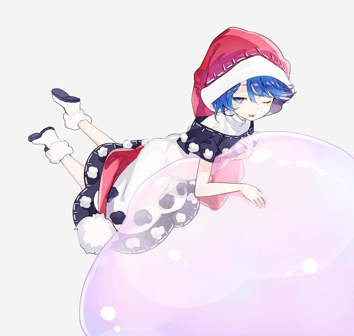 1girl, ;3, bare_arms, blue_eyes, blue_hair, doremy_sweet, dream_soul, dress