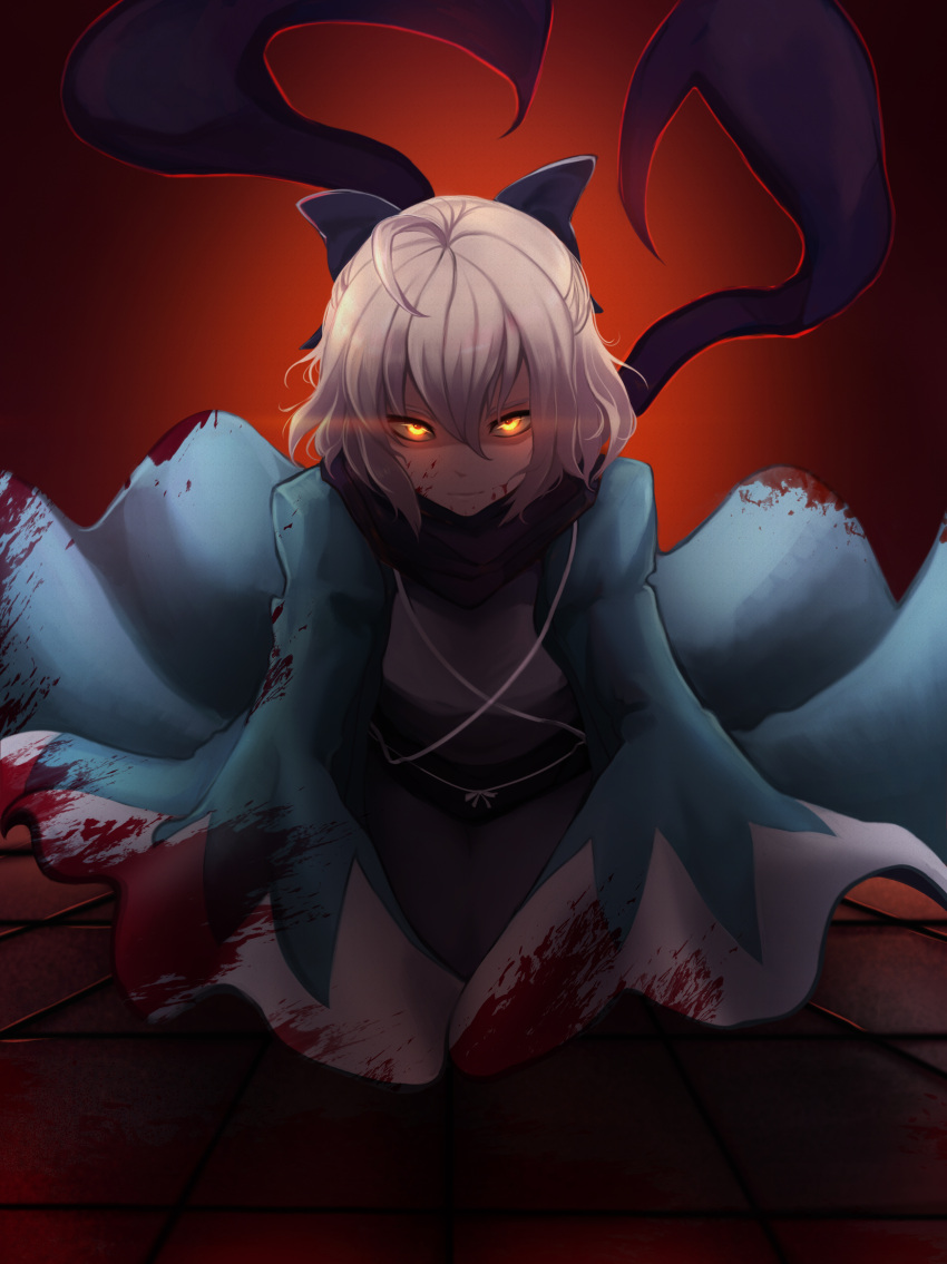 1girl, absurdres, black_bow, blonde_hair, blood, blood_on_face, bloody_clothes, bow