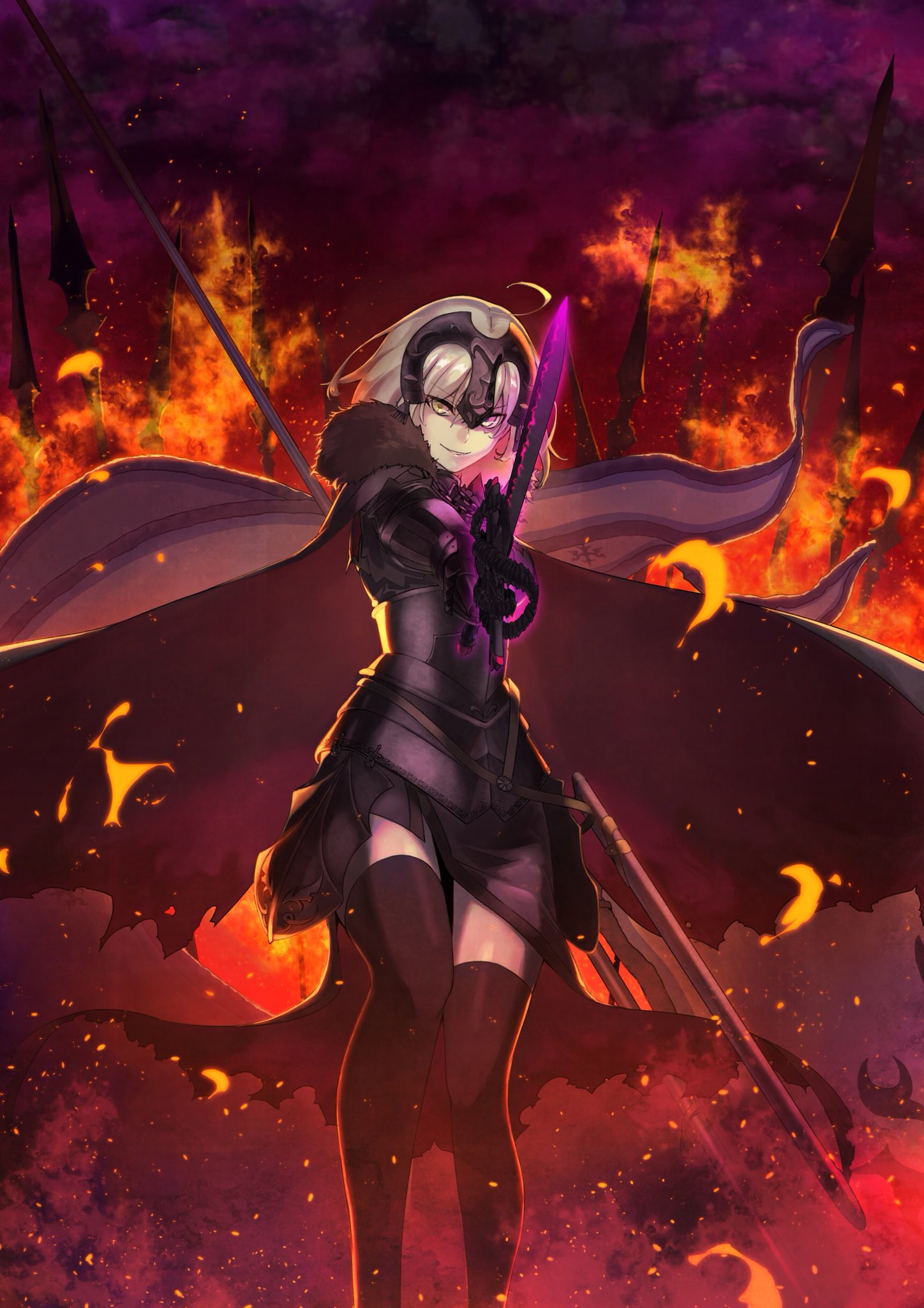 1girl, ahoge, akamiso_(k074510), armor, armored_dress, banner, black_dress, black_legwear