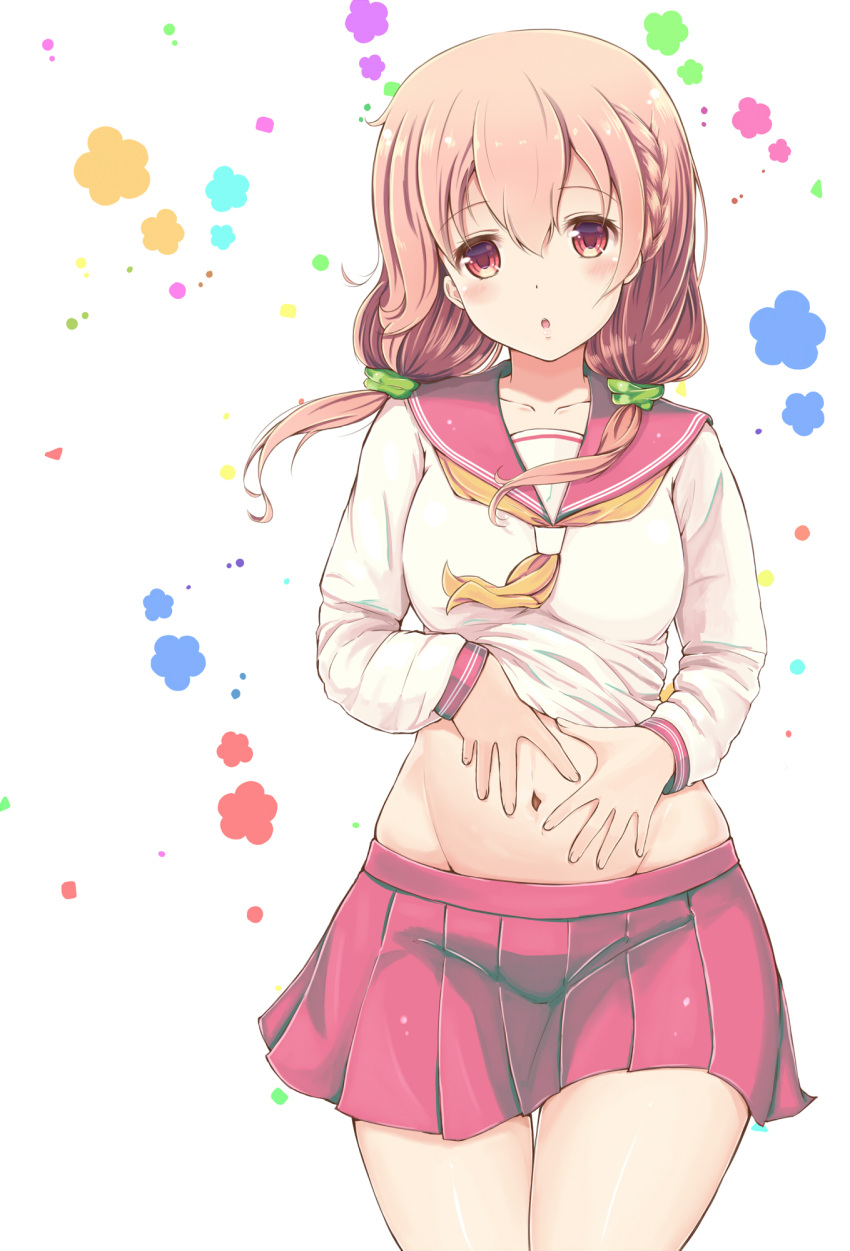 1girl, blush, breasts, brown_hair, collarbone, cowboy_shot, eyebrows_visible_through_hair, groin
