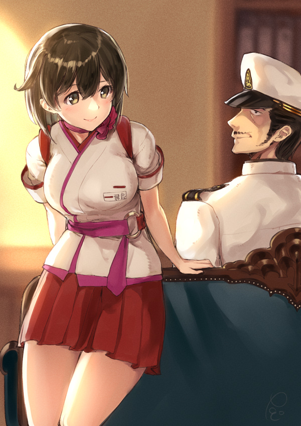 1boy, 1girl, admiral_(kantai_collection), black_hair, brown_eyes, brown_hair, chair, cowboy_shot, employee_uniform, epaulettes, facial_hair, hat, hiryuu_(kantai_collection), kantai_collection, military, military_uniform, mustache, naval_uniform, peach_(airline), peaked_cap, pleated_skirt, poco_(backboa), red_skirt, short_hair, signature, skirt, stewardess, uniform