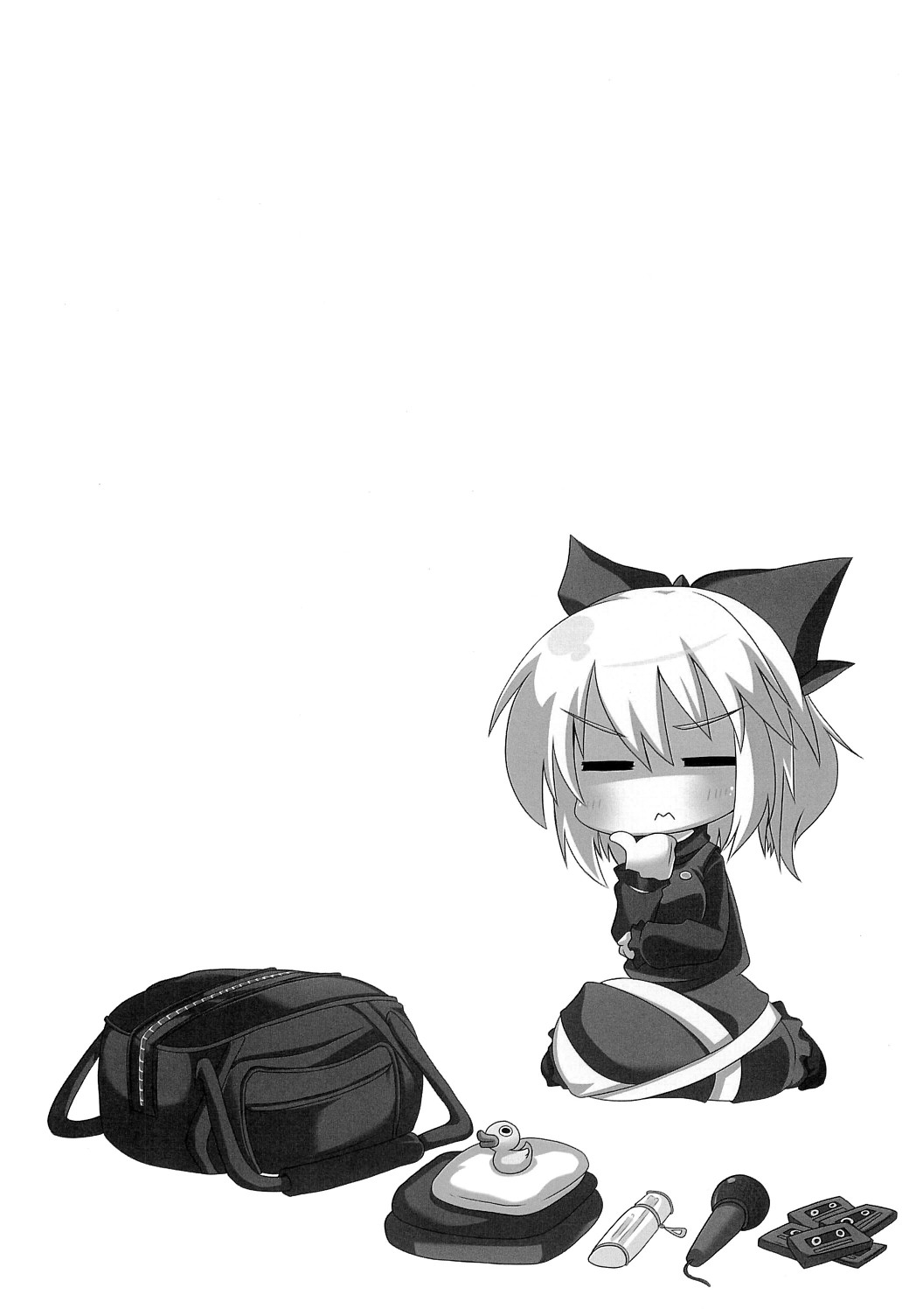 1girl, bow, cassette_tape, comic, dress, duffle_bag, gin_(shioyude), greyscale