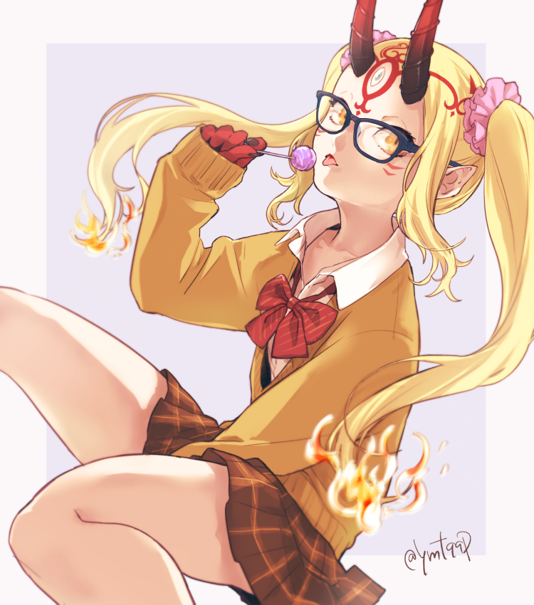 1girl, alternate_costume, alternate_hairstyle, black-framed_eyewear, blonde_hair, bow, bowtie, brown_skirt, commentary_request, facial_mark, fate/grand_order, fate_(series), food, glasses, ibaraki_douji_(fate/grand_order), long_hair, looking_at_viewer, plaid, plaid_skirt, popsicle, red_neckwear, school_uniform, skirt, solo, tongue, tongue_out, twintails, twitter_username, yellow_eyes, yomichi_(yomi888)