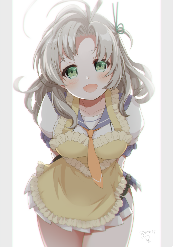 1girl, :d, ahoge, antenna_hair, apron, arms_behind_back, bangs, blue_sailor_collar
