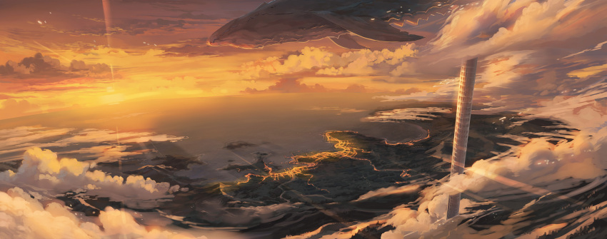bay, building, city_lights, clouds, cloudy_sky, dungeon_and_fighter, evening, flying_whale, highres, horizon, huanxiang_huifeng, lens_flare, mountain, no_humans, ocean, outdoors, river, scenery, shore, sky, sunlight, sunset, tower, water, whale