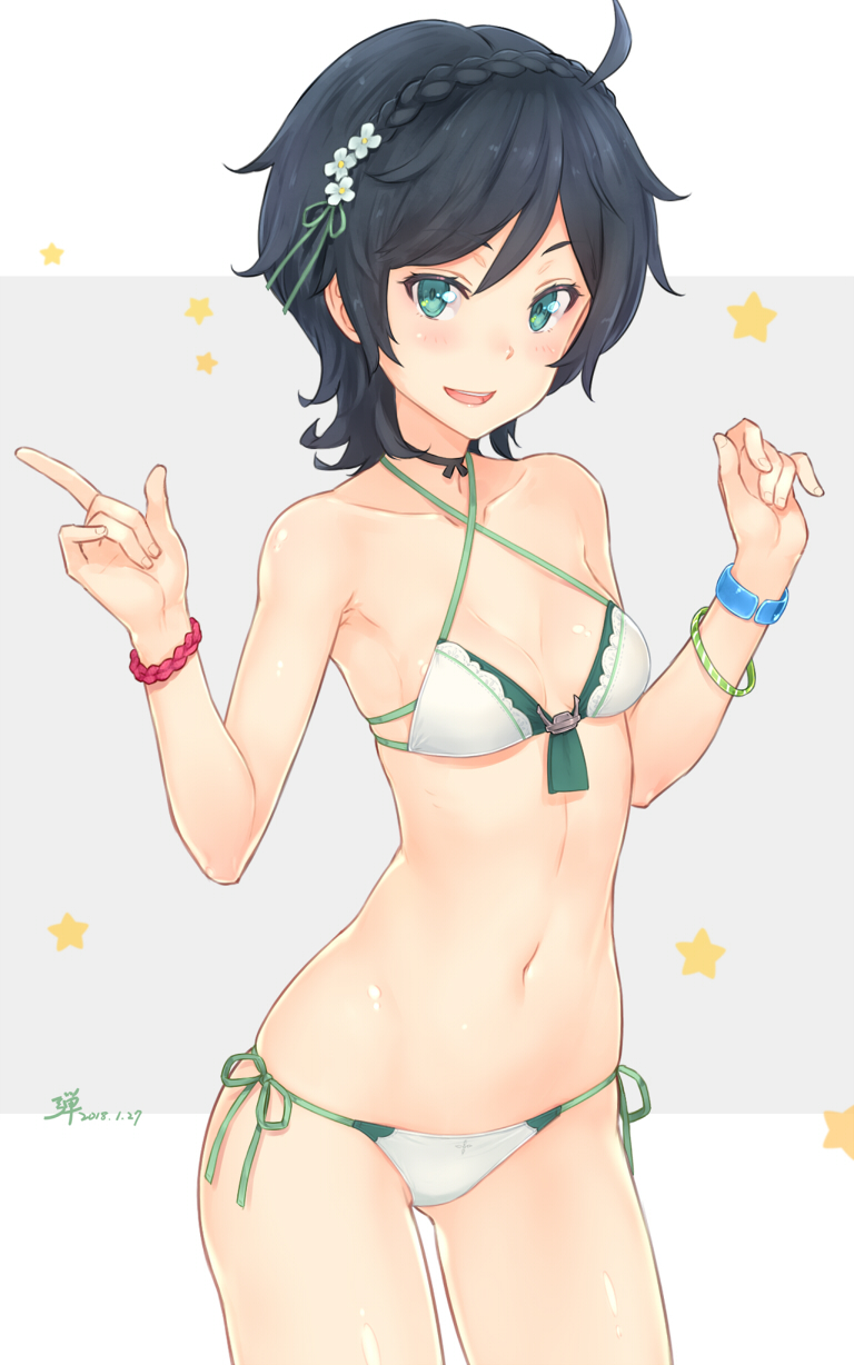 1girl, ahoge, bikini, black_hair, braid, breasts, cowboy_shot, crown_braid, dan_(kumadan), green_eyes, highres, jewelry, kantai_collection, matsukaze_(kantai_collection), open_mouth, short_hair, small_breasts, smile, solo, star, swimsuit, white_bikini