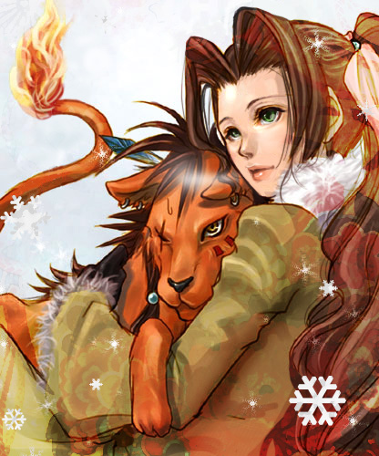 aerith_gainsborough, animal, brown_hair, cat, coat, couple, earrings, female, final_fantasy, final_fantasy_vii, fire, green_eyes, henyo, long_hair, lying, ponytail, red_xiii, scar, snow, snowflake, tail, yellow_eyes