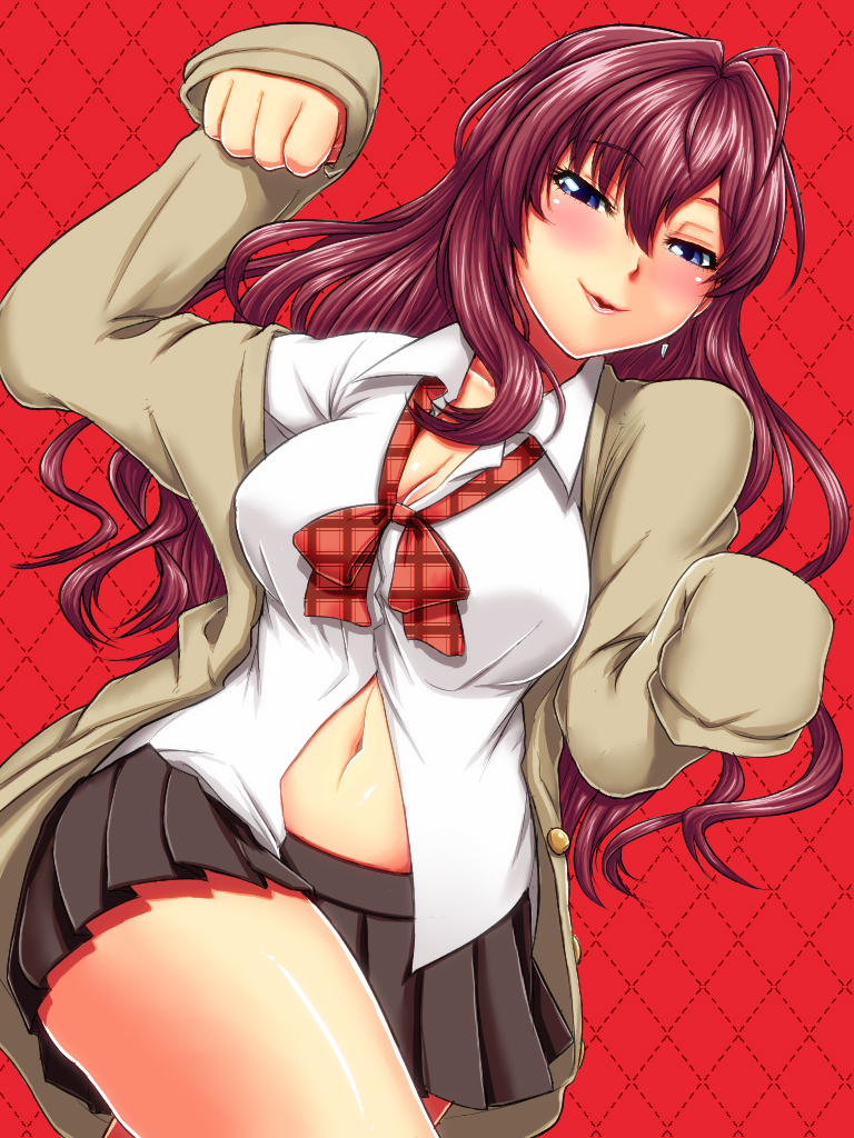 ahoge, akatsubonikichi, bangs, black_skirt, blue_eyes, blush, breasts, cardigan, cleavage, earrings, ichinose_shiki, idolmaster, idolmaster_cinderella_girls, idolmaster_cinderella_girls_starlight_stage, jewelry, large_breasts, long_hair, looking_at_viewer, miniskirt, navel, open_cardigan, open_clothes, parted_lips, paw_pose, pink_lips, pleated_skirt, purple_hair, red_background, school_uniform, shirt, skirt, sleeves_past_fingers, smile, two_side_up, wavy_hair, white_shirt