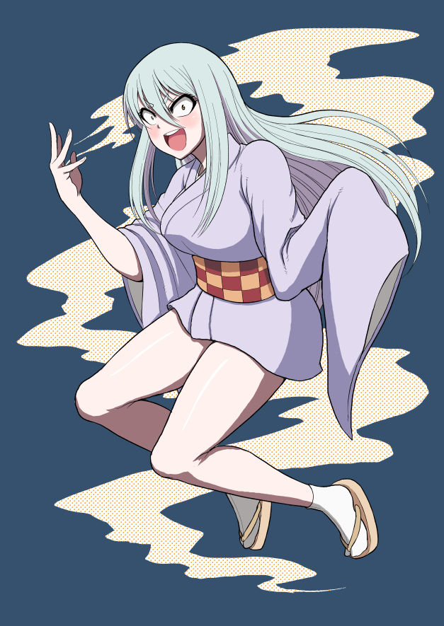1girl, :d, akatsubonikichi, blush, breasts, constricted_pupils, full_body, gegege_no_kitarou