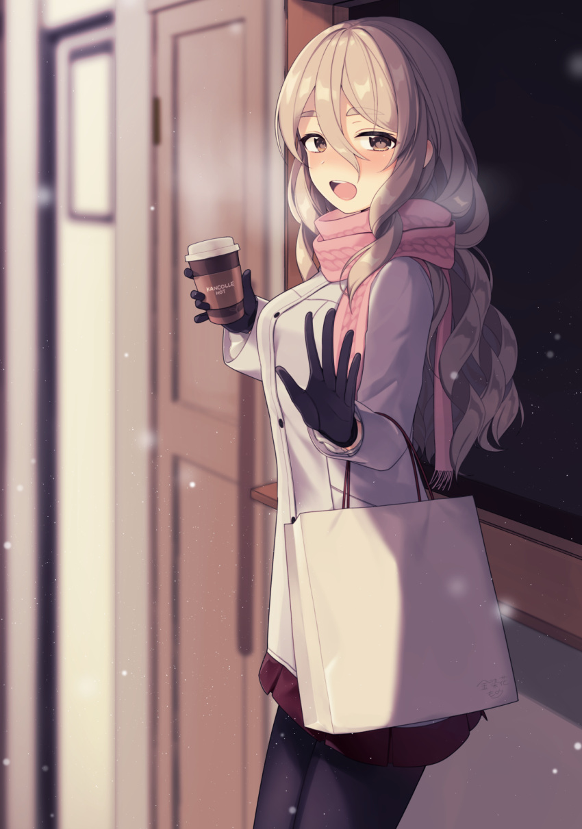 1girl, 1hand1cup, alternate_costume, black_gloves, black_legwear, blush, breasts, breathing, brown_eyes, buttons, coat, coffee_cup, cup, door, eyebrows_visible_through_hair, gloves, grey_hair, hair_between_eyes, hand_up, highres, holding, holding_bag, holding_cup, kantai_collection, kinsenka_momi, long_coat, long_hair, long_sleeves, medium_breasts, miniskirt, open_mouth, pantyhose, pink_scarf, pinky_out, pleated_skirt, pola_(kantai_collection), purple_skirt, scarf, sidelocks, skirt, snow, snowing, solo, tareme, thick_eyebrows, wavy_hair, white_coat, window