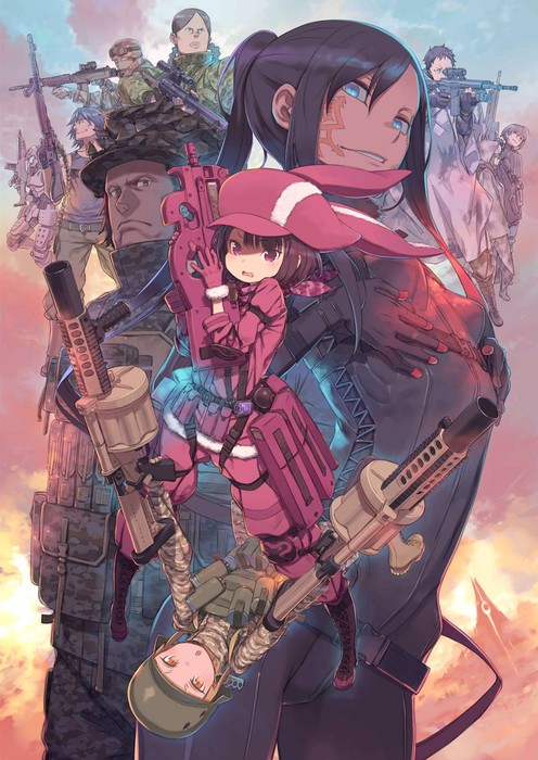 facial_tatoo, kuroboshi_kouhaku, llenn_(sao), long_hair, military, military_uniform, short_hair, skin_tight, sword_art_online, sword_art_online_alternative:_gun_gale_online, uniform, weapon