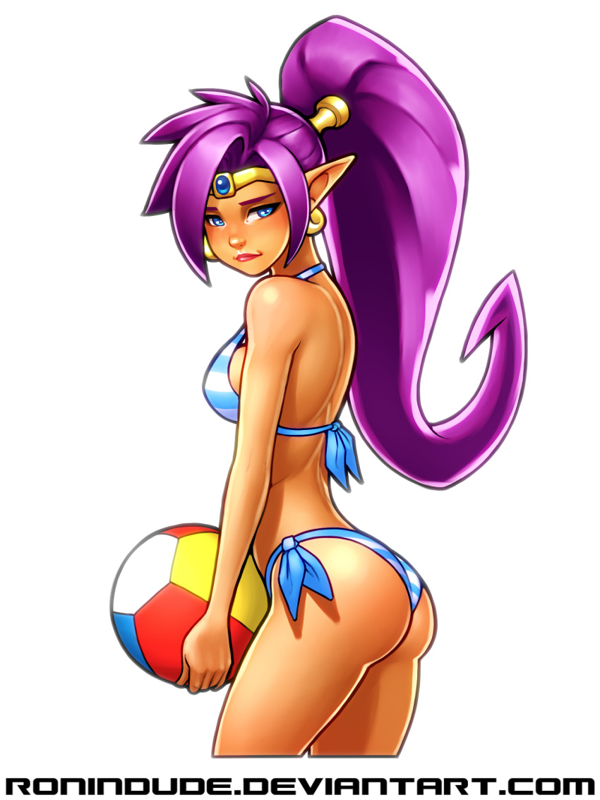 1girl, ass, ball, beach_volleyball, big_hair, bikini, blue_bikini, blue_eyes, breasts, cowboy_shot, cropped_legs, curvy, dark_skin, earrings, forehead_jewel, from_side, highres, hips, holding, holding_ball, hoop_earrings, jewelry, lips, long_hair, looking_back, medium_breasts, nose, pointy_ears, ponytail, purple_hair, ronindude, shantae_(character), shantae_(series), side-tie_bikini, sideboob, solo, strap_gap, striped, striped_bikini, swimsuit, thighs, very_long_hair, watermark, web_address