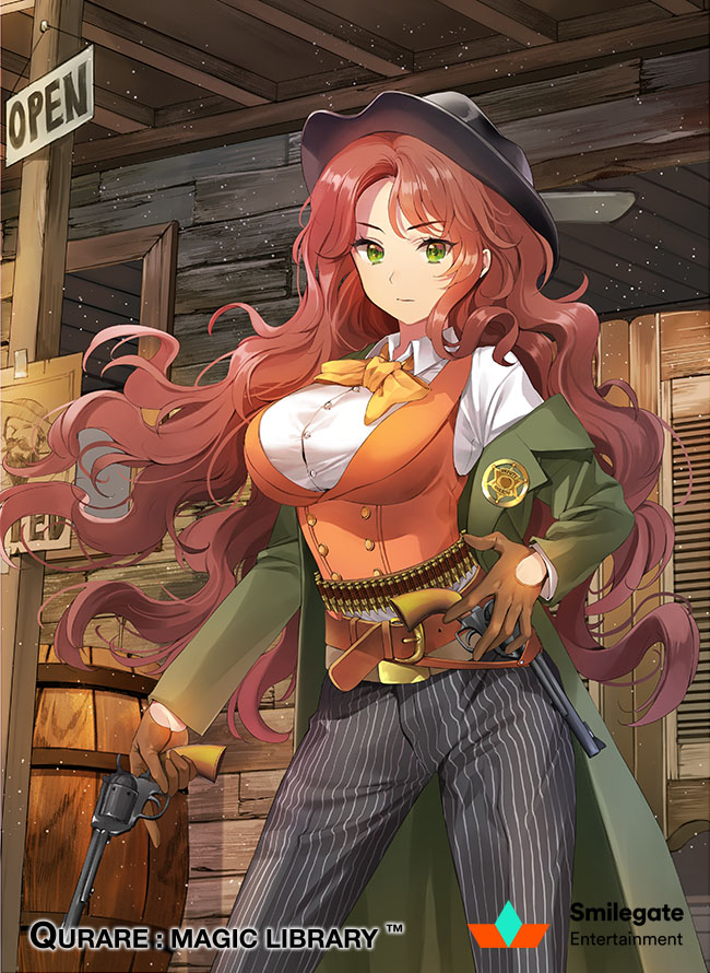 1girl, ammunition_belt, breasts, brown_gloves, character_request, collared_shirt, cowboy_hat, cravat