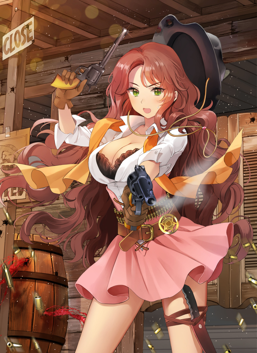 1girl, absurdres, aiming_at_viewer, ammunition_belt, battle, black_bra, bra, breasts