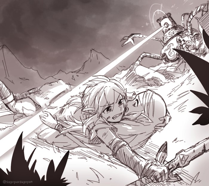 1boy, 1girl, gloves, greyscale, guardian_(breath_of_the_wild), link, long_hair, monochrome