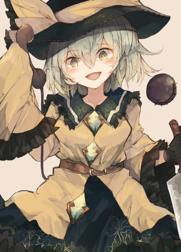 1girl, beige_background, belt, black_gloves, black_hat, commentary_request, gloves, green_eyes