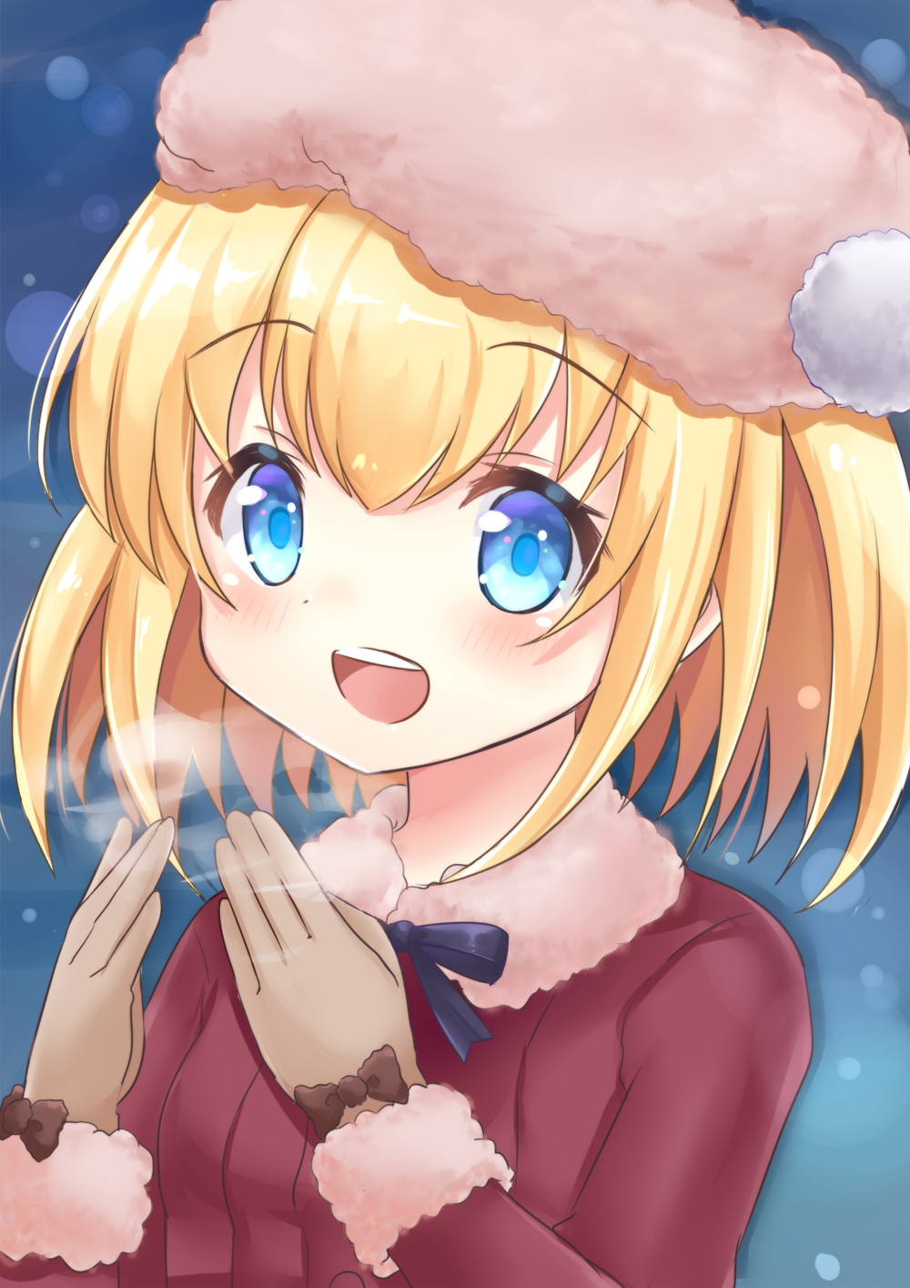 1girl, :d, bangs, blonde_hair, blue_background, blue_eyes, blush, breathing_on_hands
