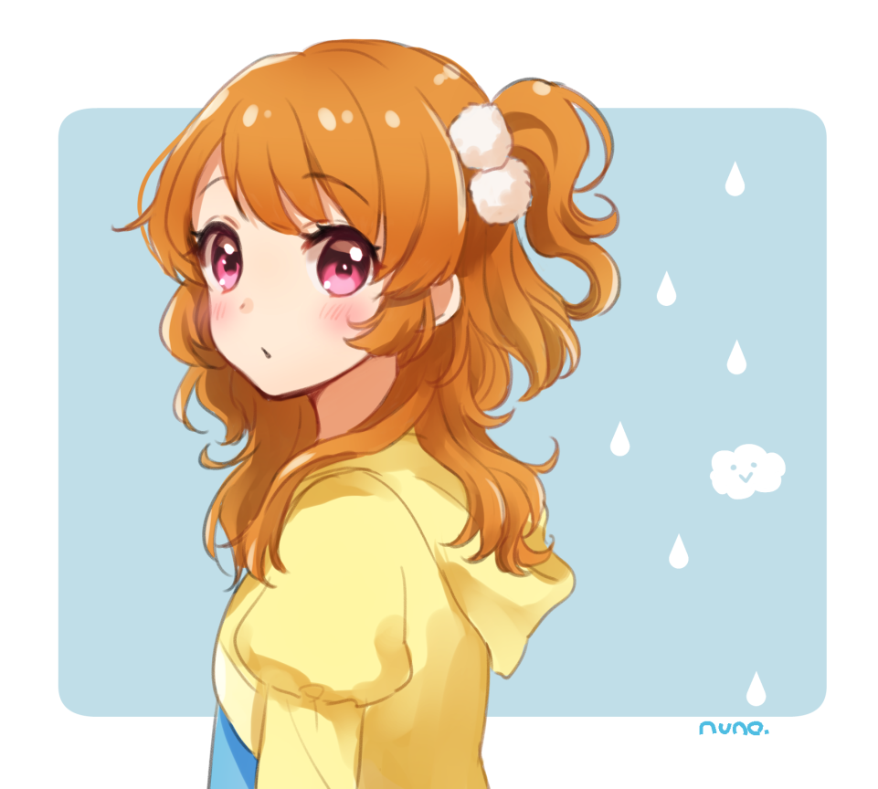 1girl, aikatsu!, artist_name, bangs, blue_background, blush, brown_hair, closed_mouth