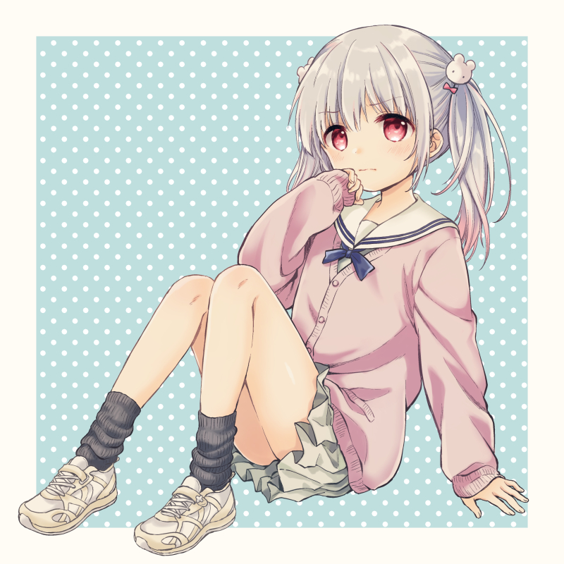1girl, arm_support, bangs, bear_hair_ornament, black_legwear, blue_background, blue_neckwear, blush