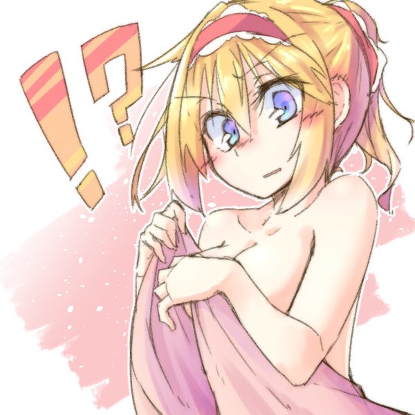 !?, 1girl, alice_margatroid, bangs, blonde_hair, blue_eyes, blush, breasts