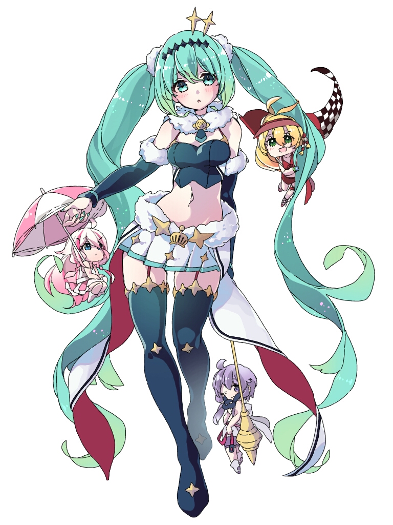 absurdly_long_hair, blonde_hair, checkered, checkered_flag, chibi, detached_sleeves, garter_straps, green_eyes