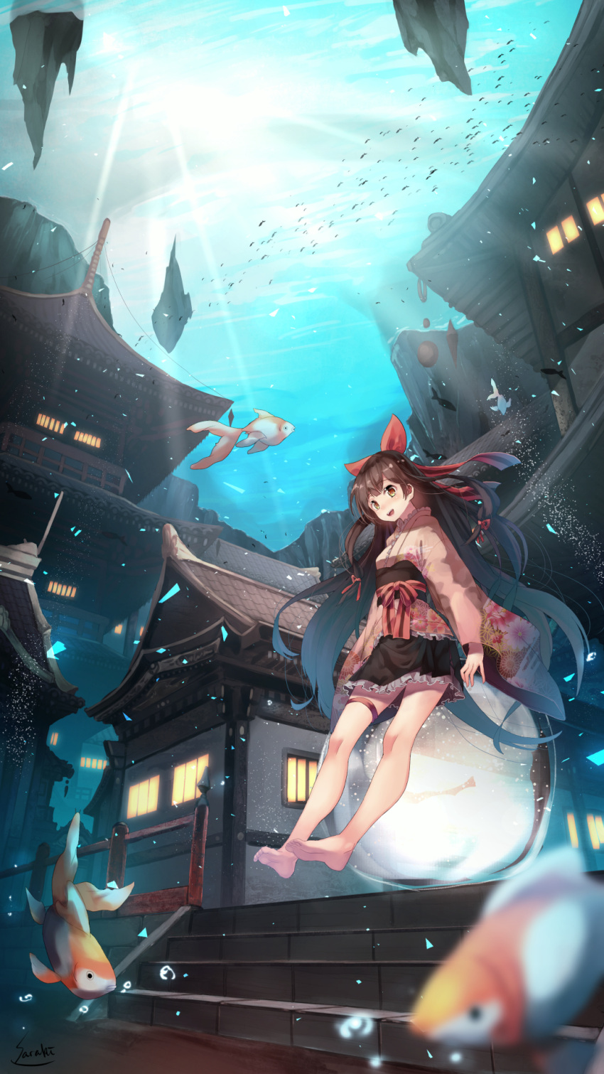 animal, bangs, bare_legs, barefoot, black_skirt, blurry, blurry_foreground, blush