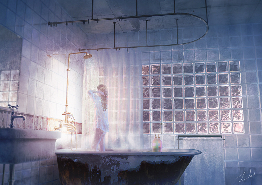 1girl, arms_up, bathroom, bathtub, brown_hair, facing_away, faucet, from_side