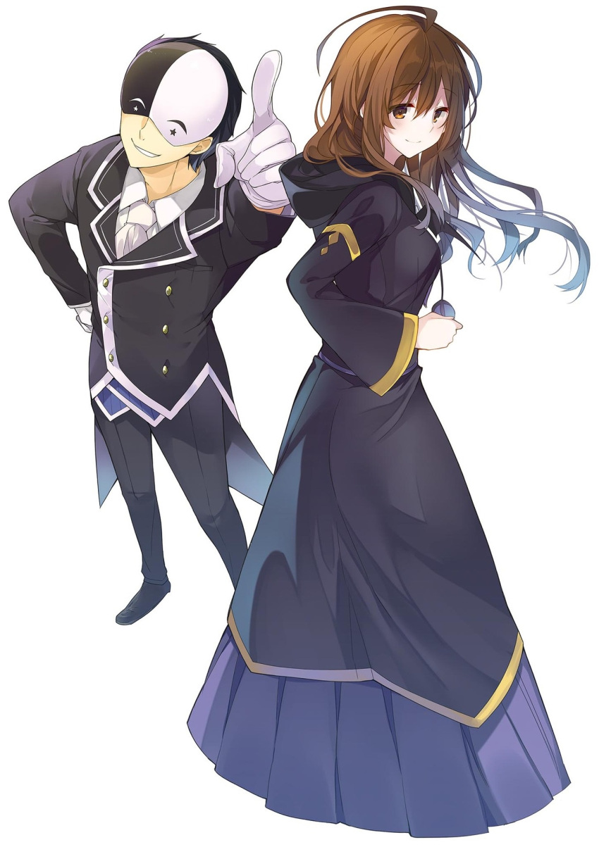 1boy, 1girl, ahoge, blue_hair, blush, breasts, brown_eyes, brown_hair
