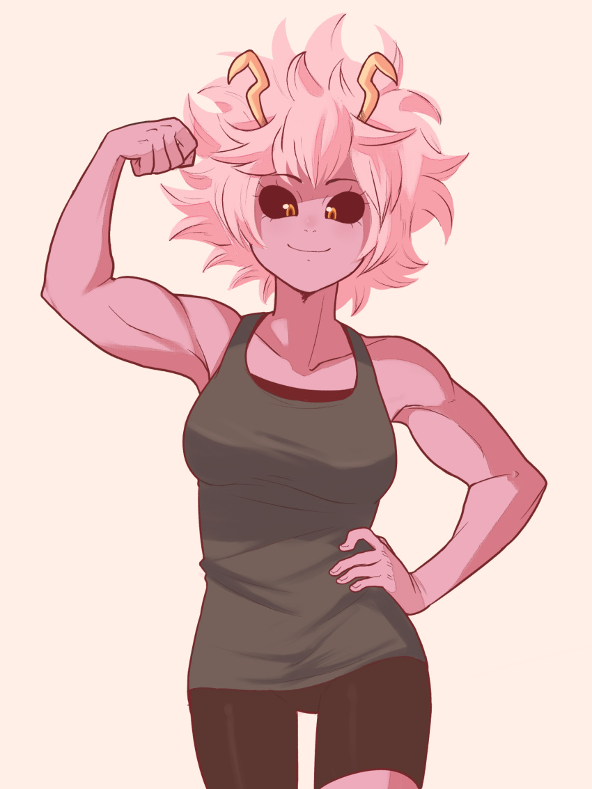 1girl, ashido_mina, bare_arms, bike_shorts, black_sclera, boku_no_hero_academia, breasts, collarbone, cowboy_shot, hand_on_hip, highres, horns, looking_at_viewer, medium_breasts, muscle, pink_hair, pink_skin, sally_(luna-arts), short_hair, smile, tank_top