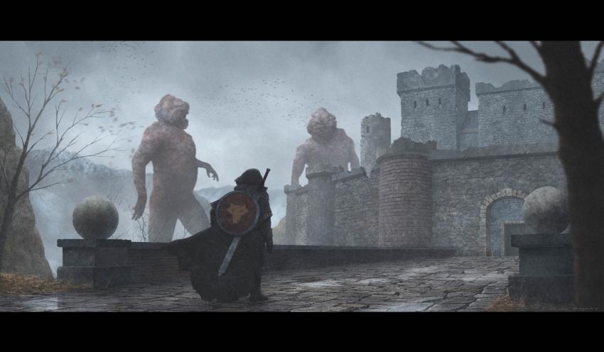 1boy, bare_tree, bird, boots, bridge, castle, cloak, copyright_request