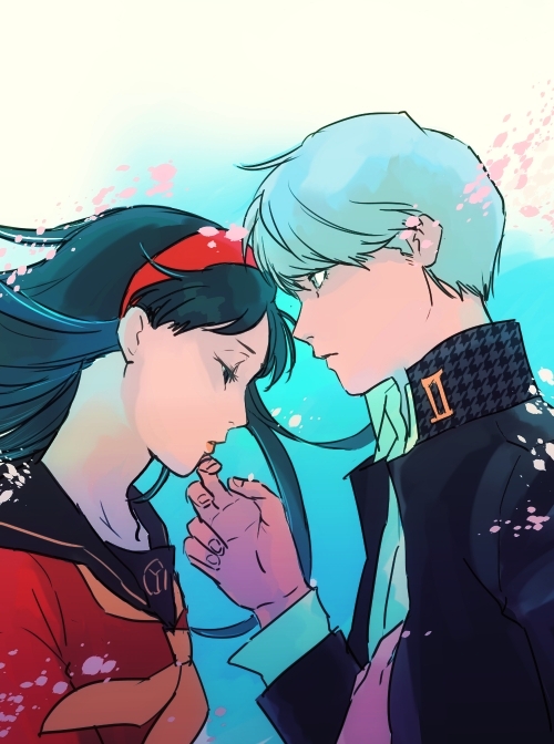 1boy, 1girl, amagi_yukiko, black_hair, commentary_request, couple, finger_to_another's_chin, grey_hair