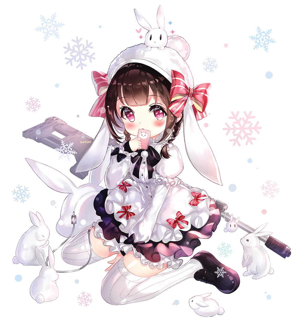 1girl, animal, animal_bag, animal_ears, animal_hat, animal_on_head, bangs, barrett_m99