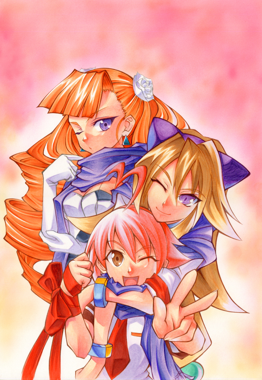 ahoge, aino_heart, animal_ears, arcana_heart, arcana_heart_2, blue_eyes, bow, bracelet, breasts, brown_eyes, brown_hair, calnarsa, cleavage, clenched_hand, dress, drill_hair, earrings, elbow_gloves, flower, gloves, hair_flower, hair_ornament, highres, hug, hug_from_behind, inukawa_akane, inuwaka_akane, jewelry, long_hair, multicolored_hair, multiple_girls, necktie, orange_hair, petra_johanna_lagerkvist, pink_hair, purple_eyes, ribbon, rose, scarf, school_uniform, short_hair, smile, twin_drills, twintails, two-tone_hair, v, very_long_hair, violet_eyes, white_hair, wink