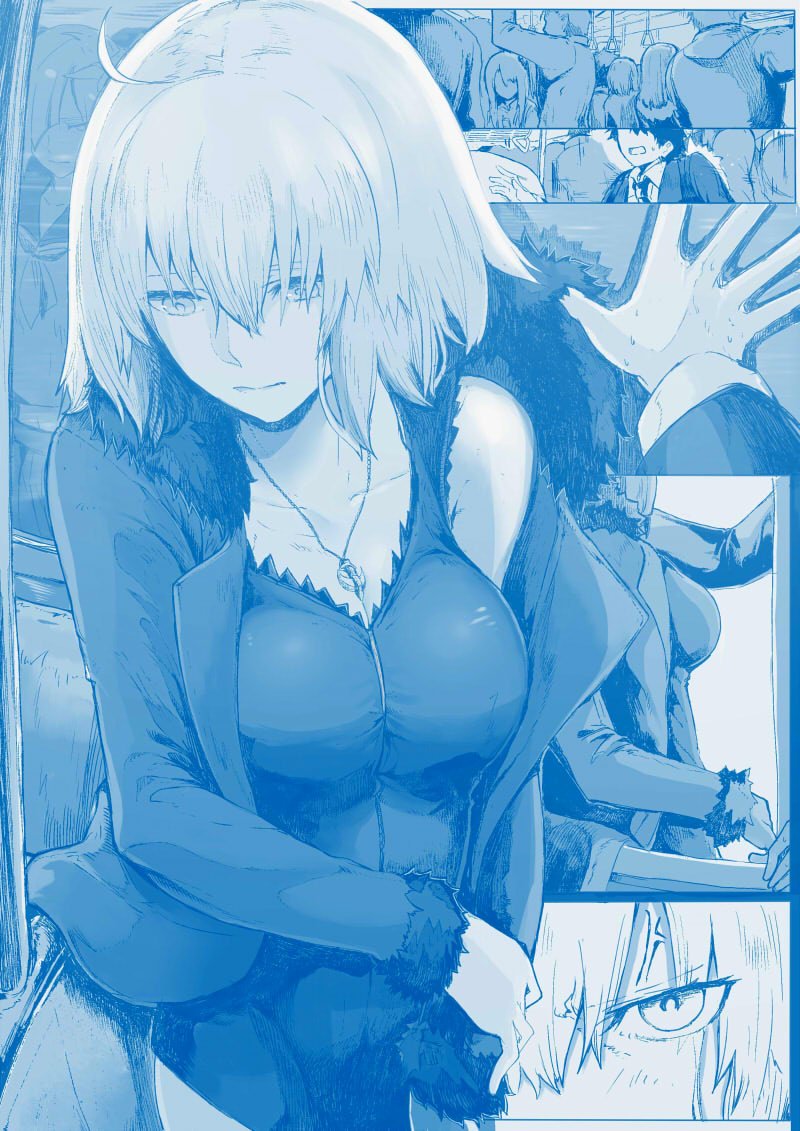 1boy, 1girl, ahoge, anger_vein, blue, breasts, cleavage, comic