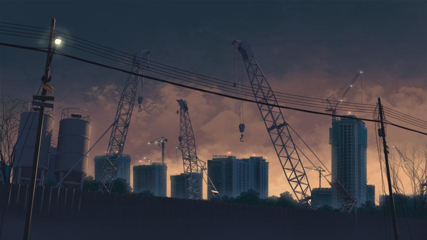 building, clouds, cloudy_sky, commentary, crane, fence, mclelun, no_humans